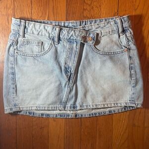Zara Denim Mini Skirt Women's Small (30") Light Wash Distressed Button Fly New